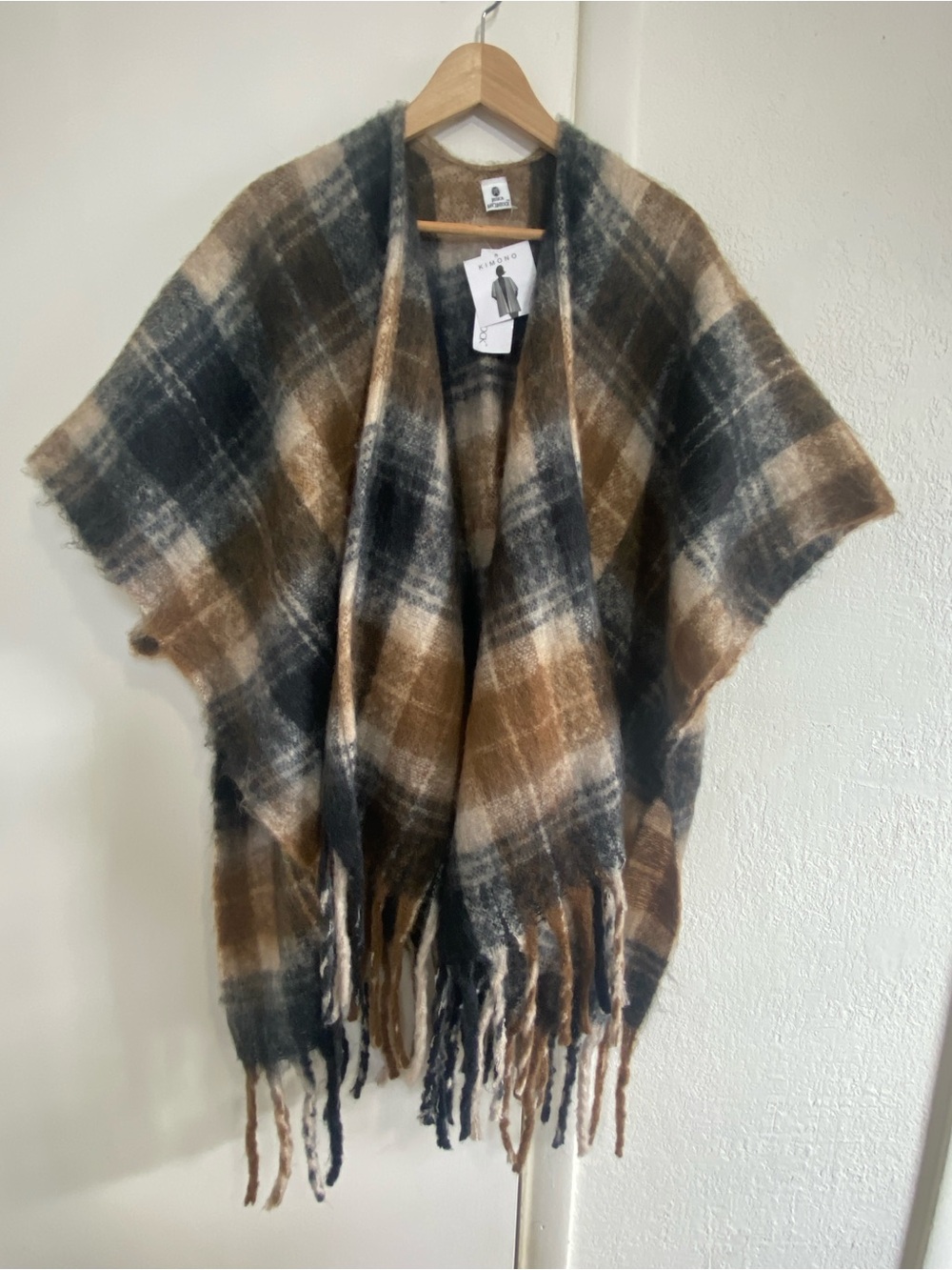 Jessica McClintock Plaid Kimono Shawl Fringe Cozy Wrap Boho One Size NWT